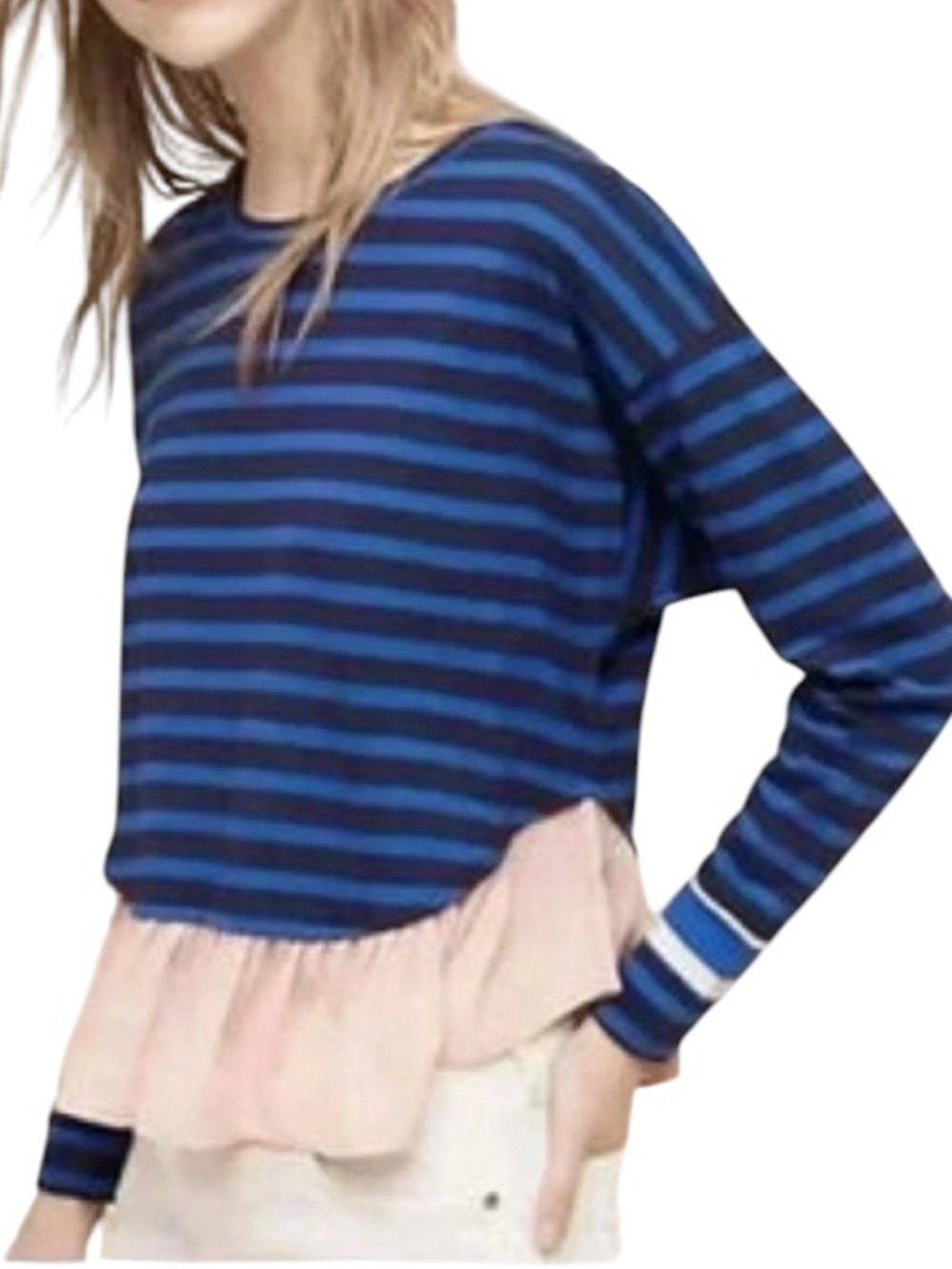 Anthropologie Blue Striped Long Sleeve Top with Pink Ruffle NWOT